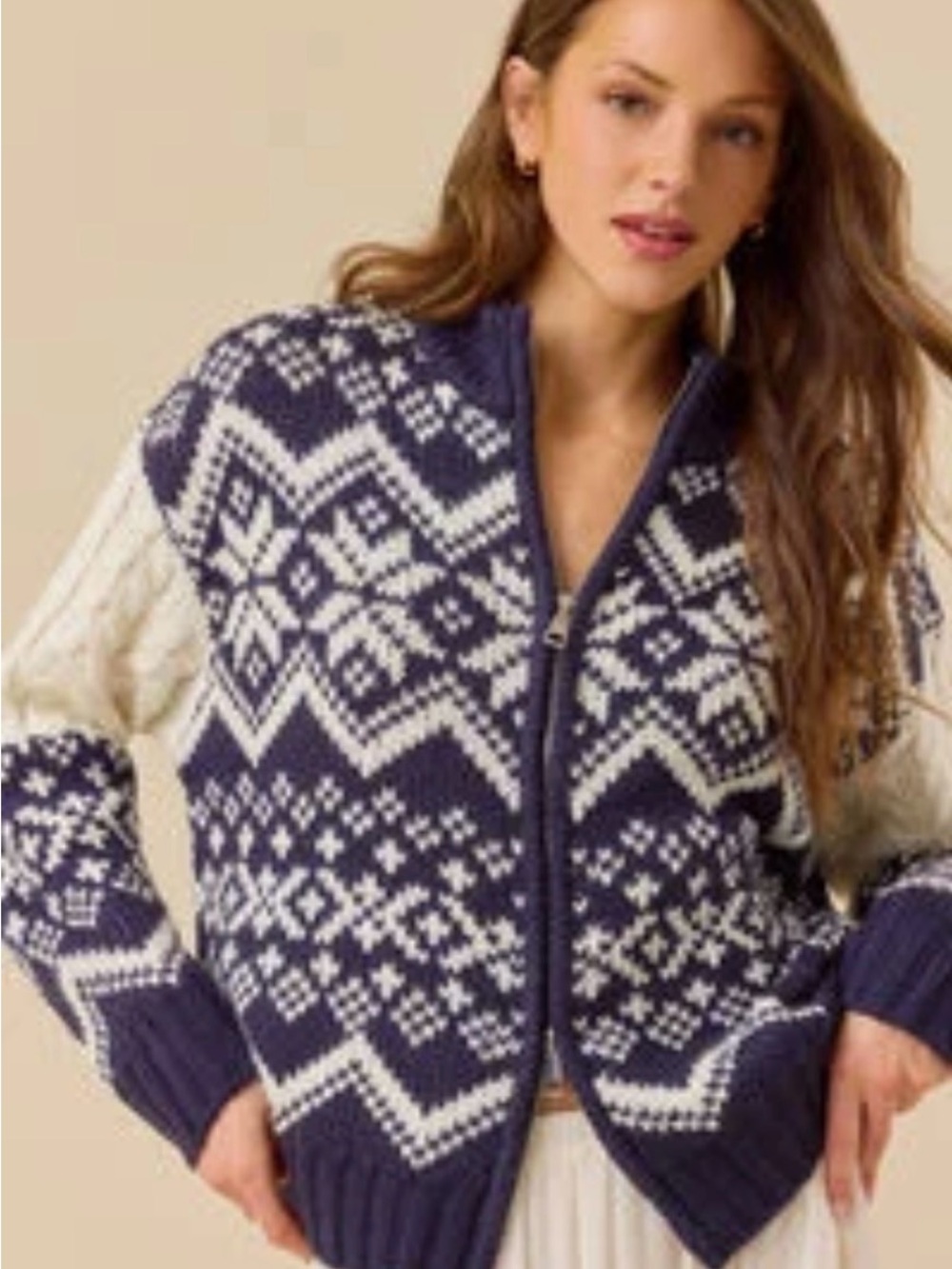 Altar'd State Navy and Cream Fair Isle Zip Cardigan